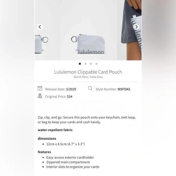 Lululemon Clippable Card Pouch NWT, Starch Blue and Solar Grey